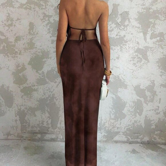 Coffee Brown Sexy Women's Sleeveless Shell Decor Backless maxi Dress - Picture 2 of 7